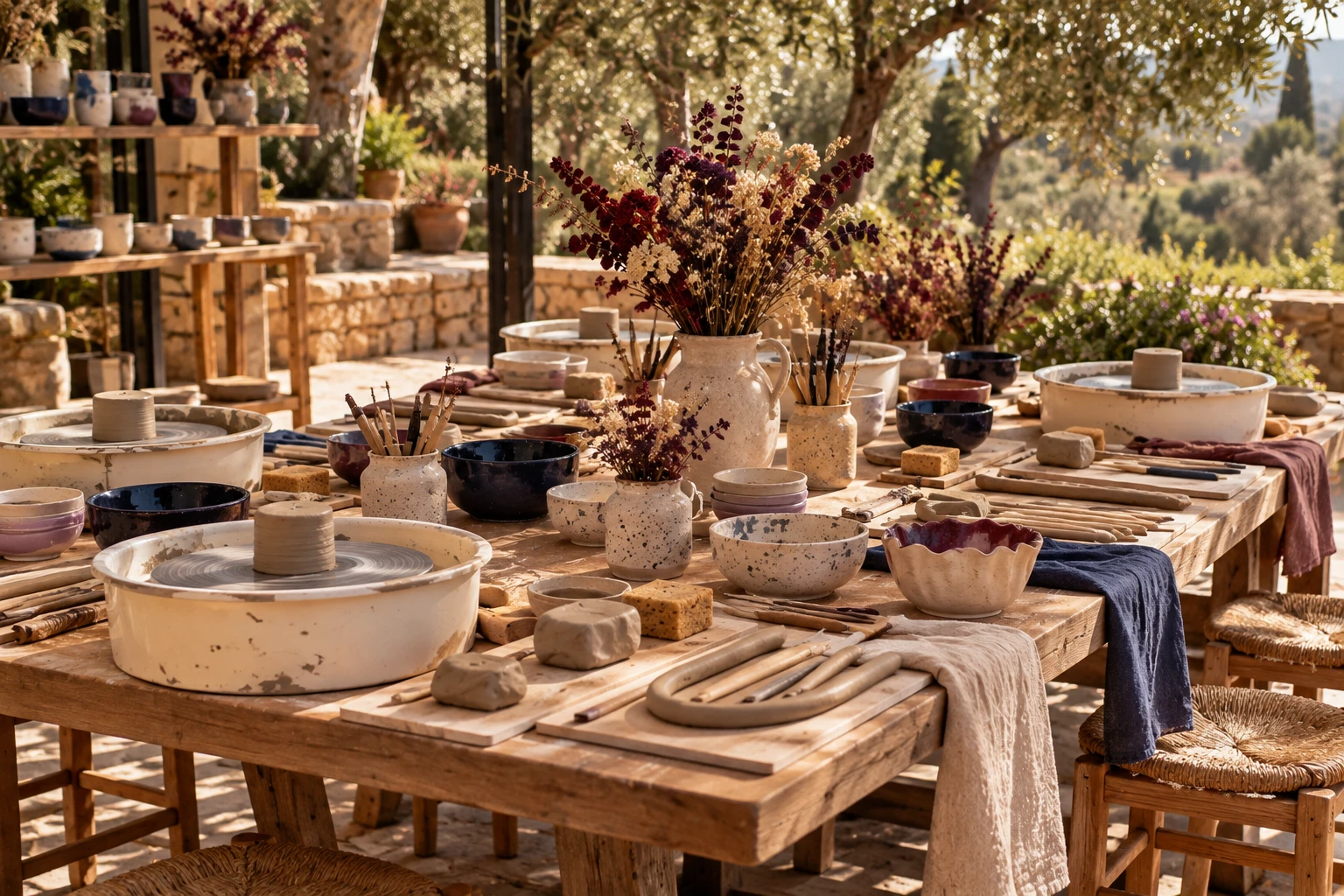 Un lungo tavolo da ceramica all'aperto tra gli ulivi di una masseria